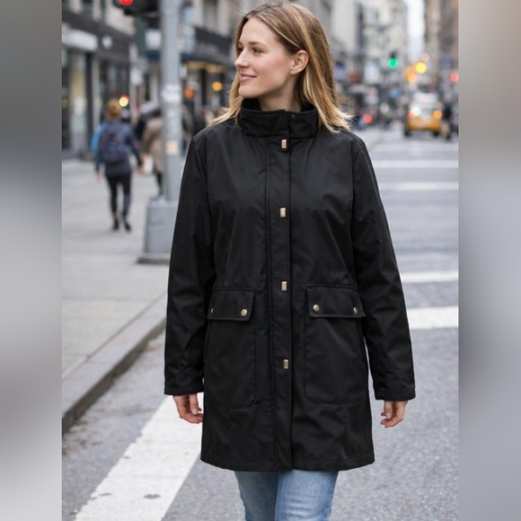 Kenneth Cole Jackets & Blazers - Black Car Coat Mid Length Size L Zip Snap Stand Up Mandarin Collar Lined Pockets